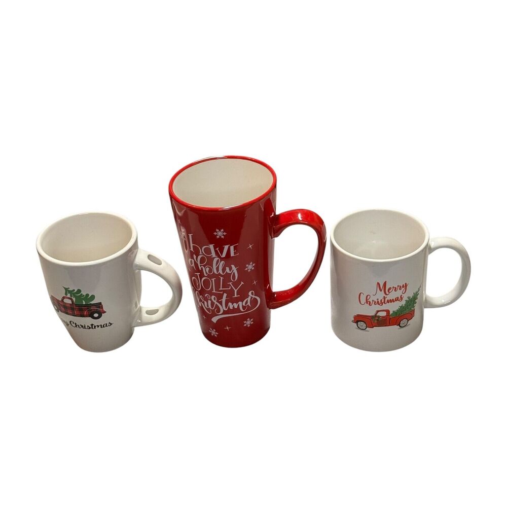 Set of 3 Holiday Coffee Mugs Merry Christmas & Holly Jolly Christmas Red Truck - Picture 3 of 5